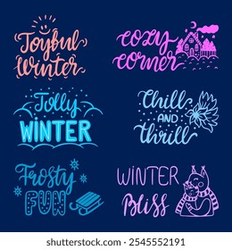 Winter Collections of colorful lettering with winter elements. Joyful winter, jolly, bliss, frosty fun, cozy corner, chill and thrill. Vector illustration
