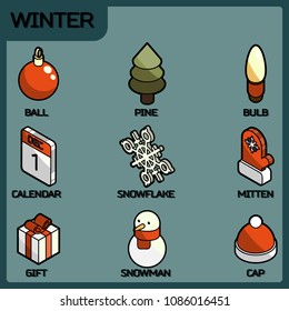 Winter color outline isometric icons