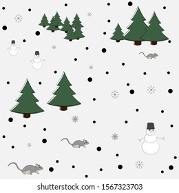 Winter color pattern. Marry Christmas and Happy new year. Chritmas tree, 2020, mouse, snowflakes