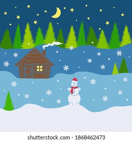 Winter color vector background with forest, house, snowman and starry sky.