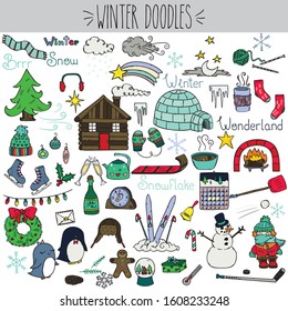 Winter Colored Doodles, freehand, Igloo, Ski, Hockey, Snowmen, Fire, Log House, hat, Pin Tree, Snow Flakes, Penguin, Clock, Gingerbread, Mittens, Sled, Skates, Shooting Star, illustration, Ornaments