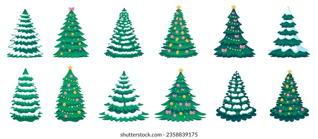 Winter colorful cartoon Christmas tree vector set