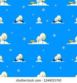 Winter colorful flat style seamless patter with trees and snowflakes.