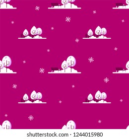 Winter colorful flat style seamless patter with trees and snowflakes.