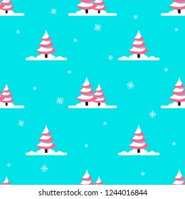 Winter colorful flat style seamless patter with trees and snowflakes.