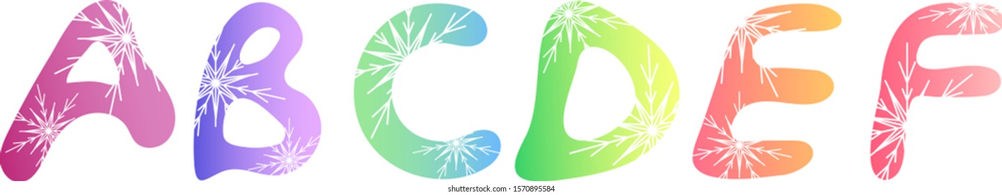 Winter colorful gradient font with snowflakes: A, B, C, D, E, F letters. Vector graphics, vector illustration