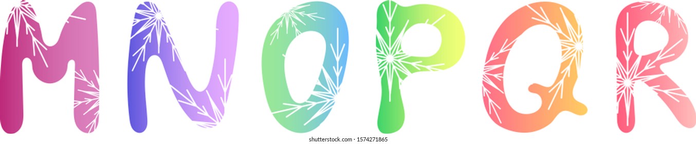 Winter colorful gradient font with snowflakes: M, N, O, P, Q, R letters. Vector graphics, vector illustration