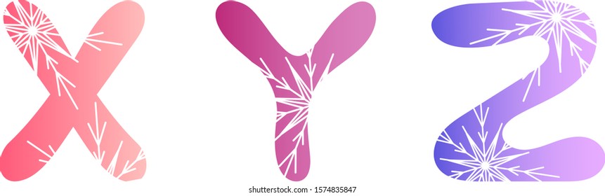 Winter colorful gradient font with snowflakes: X, Y, Z letters. Vector graphics, vector illustration