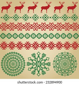 Winter colorful holiday set on beige grunge background. Deer and snowflake, nordic round holiday decoration patterns. Could be used for web, cards, decorations, etc. Vector illustration