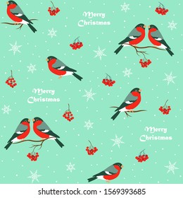 Winter colorful seamless pattern with bullfinches, rowan, snowflakes and Merry Christmas lettering. Xmas vector flat style texture. Christmas and New Year textile, wrapping paper, background design.