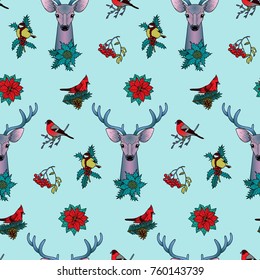 Winter Colorful Seamless Pattern with Deer and Birds