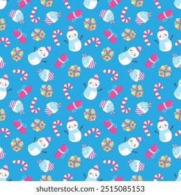 Winter colorful seamless pattern with snowman, wreath, lollipop, gift and muffin. Blue background. In a hand-drawn style.  For web backgrounds, fabrics, wrapping paper, decoration. 