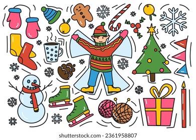 Winter colorful stickers in flat design. Creations with whimsical cartoon-style winter stickers, perfect for adding a touch of seasonal magic to artwork. Vector illustration.