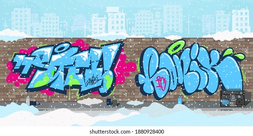 Winter Colorful Streetart Graffiti Wall Against The Background Of The Cityscape Vector Illustration