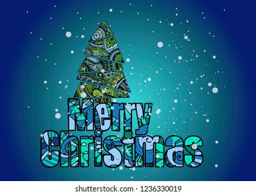Winter colorful zentangle new year postcard with text Merry Christmas and abstract doodle pine tree