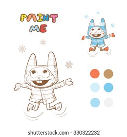 Winter coloring book with cartoon  rabbit. Vector image.