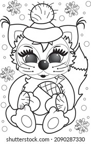 winter coloring book, christmas coloring book, squirrel with gift, children's coloring book squirrel with acorn in winter