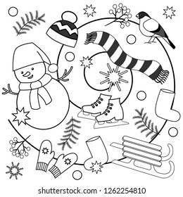 Winter coloring for children and adults with mittens. boots, hat, scarf, snowman, snowman, sledge, skates - contours on white background