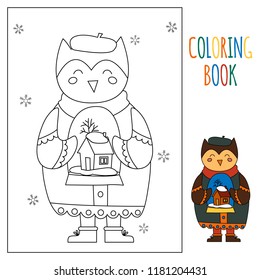 
Winter coloring for kids. Winter painting for children. An owl keeps a New Year's or Christmas present. Glass snow ball. Vector cartoon template.