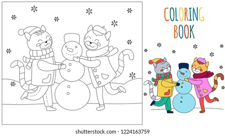 Winter coloring page for kids. Christmas children's coloring book. Little cat children make a snowman. Vector file in cartoon style.