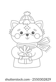 Winter coloring page for kids. Cute little fox cartoon character with a present coloring page vector illustration. 