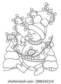 Winter coloring page with a snowman in a sweater and a hat in the forest carries a Christmas tree decorated with a garland. Hand drawn vector thin line art illustration. Isolated black outline.