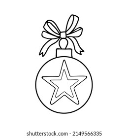 Winter coloring page toy ball. Christmas tree decoration with patterns and ribbon bow. Hand drawn vector thin line art illustration. Coloring book for children and adults. Black and white sketch.