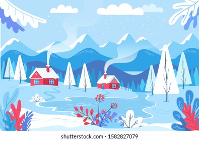 Winter colour village and mountains landscape flat vector illustration