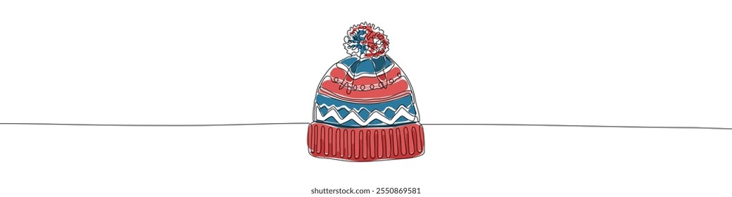 Winter colourful hat or cap with ornament continuous line drawing vector illustration. Simple cap in outline style. Winter clothes