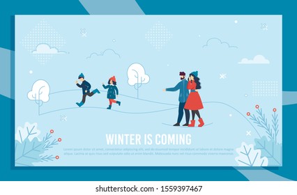 Winter Coming Banner Page with Text and Happy Family. Cartoon Wife Husband Embracing Walk in Snowy Park. Father Mother with Children Having Fun Outdoors. Natural Snow Scene. Vector Flat Illustration