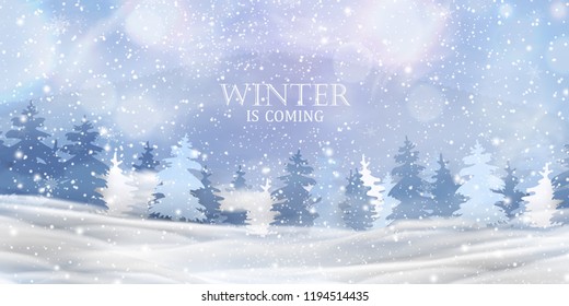 Winter is coming. Beautiful christmas, snowy woodland landscape with snow covered firs, coniferous forest, falling snow, snowflakes for winter and new year holidays. Christmas Winter background.