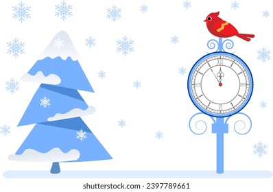 Viene el invierno. El pájaro cardinal se sienta en el reloj y en el árbol de Navidad. Composición vectorial de Navidad y Año Nuevo.