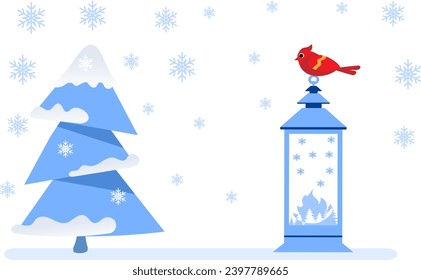 Winter is coming. A cardinal bird sits on a lantern and a Christmas tree.  Christmas and New Year vector composition.