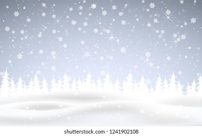 Winter is coming. Christmas, snowy night woodland landscape with falling snow, firs, snowflakes for winter and new year holidays. Xmas winter background.