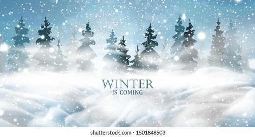 Winter is coming. Christmas, Snowy Woodland landscape. Holiday winter landscape for Merry Christmas with firs, coniferous forest, falling snow, snowflakes. Christmas scene. Happy new year. vector.