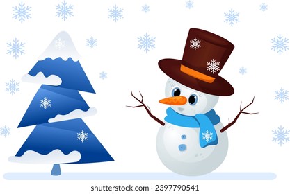 Winter is coming. Christmas tree with snowflakes and snowman. Christmas and New Year vector composition.