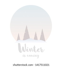 Winter is coming. Christmas trees with sky and falling snow. Holiday greeting card, Banner, Poster and template.