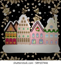 Winter is coming. Winter city with trees, cute houses, sun.Vector illustration., EPS 10. Landscape with nature and houses. Nature landscape. Vector illustration.