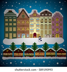 Winter is coming. Winter city with trees, cute houses, sun.Vector illustration., EPS 10. Landscape with nature and houses. Nature landscape. Vector illustration.