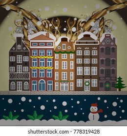 Winter is coming. Winter city with trees, cute houses. Nature landscape. Over a background. Holidays Vector illustration. Vector illustration. Landscape with nature and houses.