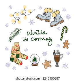 Winter is coming collection. hand drawn vector elements set. for holiday postcard, poster, print, stickers, social media.