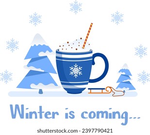 Winter is coming. A cup of coffee and a Christmas tree with snowflakes. Christmas and New Year vector composition. 