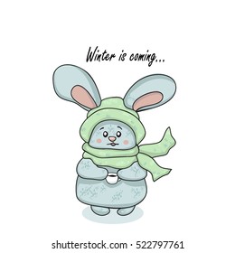 Winter is coming. Cute, cartoon bunny with a cup of tea on a white background. Rabbit in a winter hat and scarf for greeting card Happy New Year and Merry Christmas. Vector illustration