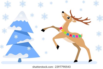 Winter is coming. Deer and Christmas tree. Christmas and New Year vector composition.