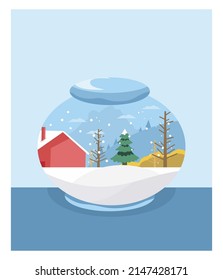 
viene el invierno. caída de la nieve, paisaje para las vacaciones de invierno y año nuevo. ilustración vectorial de la temporada de nieve en un frasco de vidrio. concepto para fondo de pantalla, banner, afiche, plantilla.