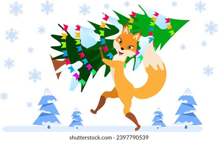 Winter is coming. The fox carries a decorated Christmas tree. Christmas and New Year vector composition.