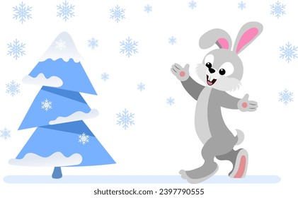 Winter is coming. Hare and Christmas tree. Christmas and New Year vector composition. 