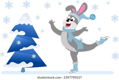 Viene el invierno. Una liebre es patinar y un árbol de Navidad. Composición vectorial de Navidad y Año Nuevo.