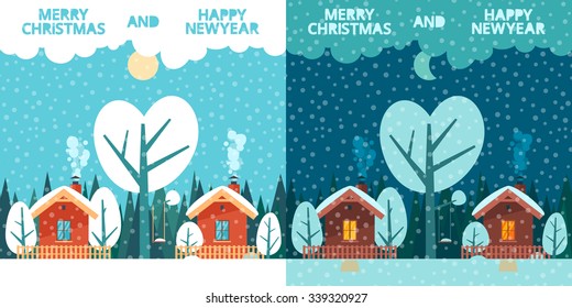 Winter is coming! So here're some nice winter day and night landscapes. Stock flat vector illustration set.