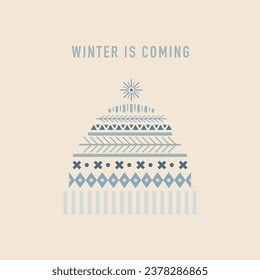 Winter is coming with knitted hat geometric shapes vector illustration. Merry Christmas vintage greeting card template.